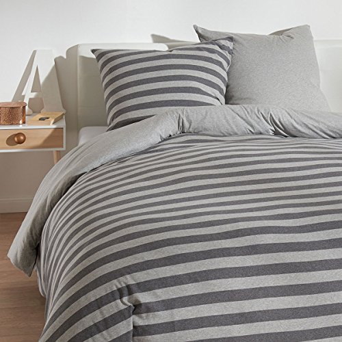 Traumschlaf Jersey Melange Wendebettwäsche Grau • Streifen & Uni • 100?% Baumwolle • Ganzjahresbettwäsche hautsympathisch & bügelleicht • 240x220 cm + 2X 80x80 cm