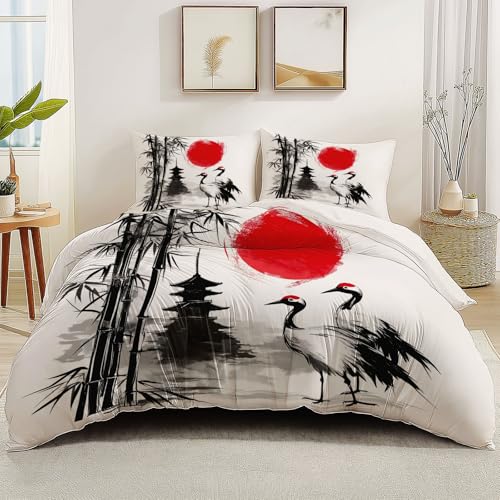 Bettbezug-Set, Orientalisch Traditionell Bambus Thema Weiches gebürsteter Mikrofaser Bettwäsche, 200 x 200 cm Für Erwachsene Teenager Kinder 3 Stück Mit Reißverschluss Schwarz Rot