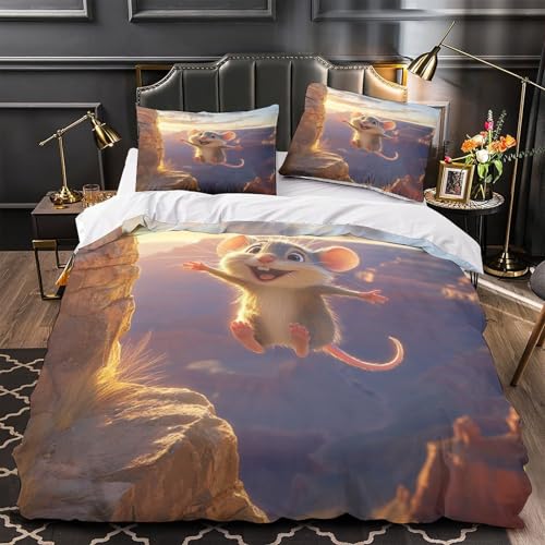 RJAVAGFZL Freude Einer Cartoonmaus 3D-Druck 3er-Set Bettbezug animierter Abenteuerstil Kuschelbezug Mikrofaser Atmungsaktiv Staubmilbenfest für Kleinkinder Jungen Frauen Single (135x200cm)