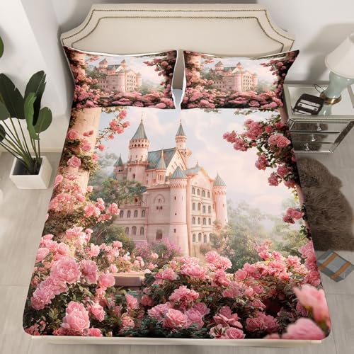 feelingyou Prinzessin-Stil Einbaublech S Größe Gorgeous Dreamy Castle Drucken Bettdeckung, 1 Kissenbezug Romantische rosa Blumen Bettwäsche Set für Jungen