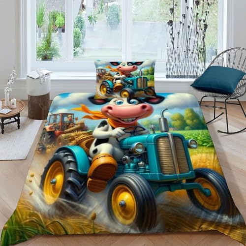 HOGDISAJD Kuh Traktor Bettwäsche Weiche Feder Süße Tiere 3D Gedruckt Luxus Bettbezug Set Mit Reißverschluss Bettdeckenbezug 2teilig Zimmer DekoRatteive Single?135x200cm?
