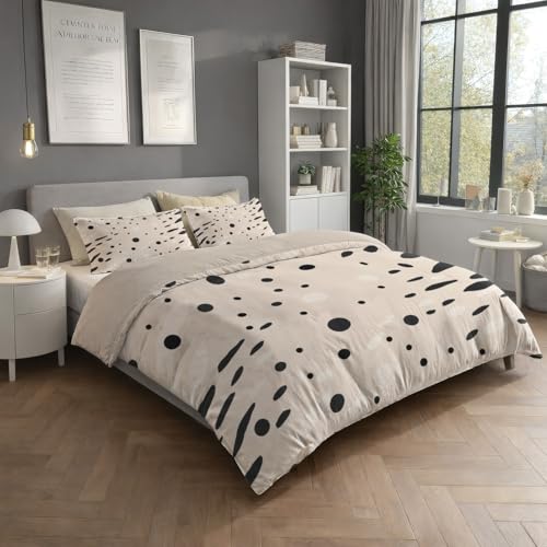 Generisch Bettbezug Weich Atmungsaktiv Bettwäsche-Sets 135 x 200 cm Modern Abstrakt Dynamisch Punkte Bettbezüge mit Reißverschluss Farbecht Beige Schwarz Bettwäsche Set für Kinder Erwachsene
