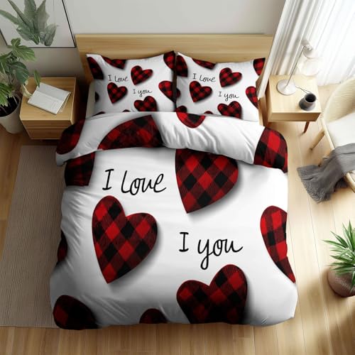 CozyRest Bettbezug 3teilig Bettwäsche Set- Farbecht Bettwäsche-Sets 180 x 200 cm mit 2 Kissenbezüge 80x80 cm, Wendebettwäsche Bedding Rot Schwarz kariert Herz Thema mit Reißverschluss