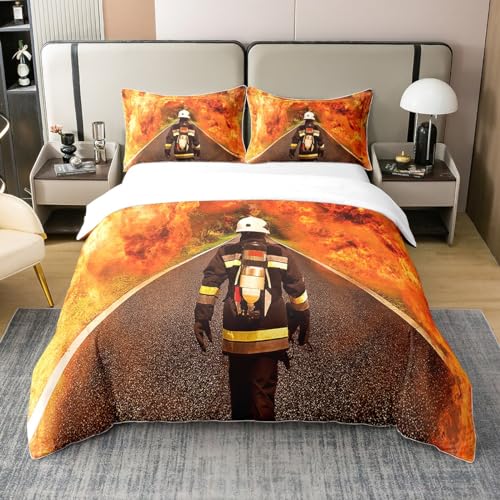 Loussiesd Feuerwehrmann Betten Set Feuerwehrmann Bedrucktes Bettwäsche Set 135x200cm 100% Baumwolle Für Kinder Jungen Mädchen Erwachsene Brennendes Feuer Bettbezug Set Feuerbekämpfung Held Raumdekor
