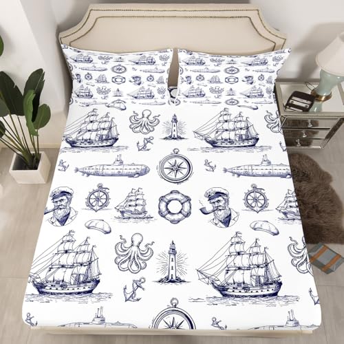 Nautische Segelboot Spannbettlaken L Größe,Kompass U-Boot Bettwäsche Set Kinder Mädchen Jungen Teens Zimmer Dekor,Anker Pirate Segler Bettlaken Navy Blau Weiß Tiefe Tasche Blatt,1 Kissenbezug