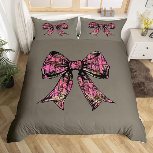 Homemissing Kinder Camouflage Bogen Bettwäsche Set 135x200cm Camo Bowknot Bettbezug Set für Jungen Mädchen Dekor Prinzessin Bettwäsche-Set atmungsaktive weiche Frauen Männer Jäger mit 1 Kissenbezug