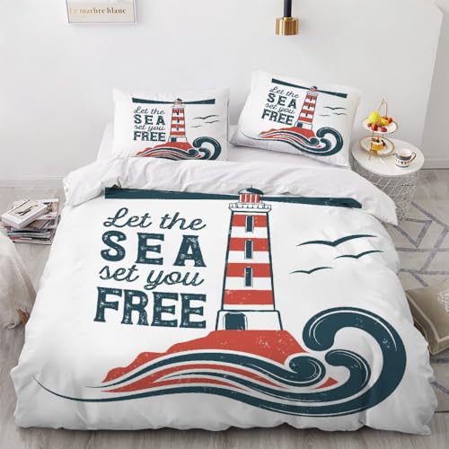 XPINGO Kinder Bettwäsche Leuchtturm 155x220cm 3teilig 100% Mikrofaser Sommer Weiche Warm Bettbezüge mit Reißverschluss 3D Maritim Bettbezug mit 2 Kissenbezüge 80x80cm?Stil 128-5?