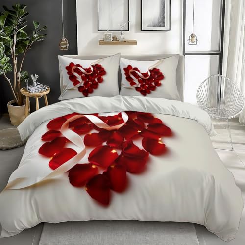 Quixora Bettbezug-Set mit Kissenbezug Weiß Bettwäsche-Set für Jungen Mädchen Kinder, Romantisch Rote Rosen Blüten Herzform Drucken Bettbezug 155 x 220 cm 3er Set Weich Mikrofaser, Atmungsaktiv