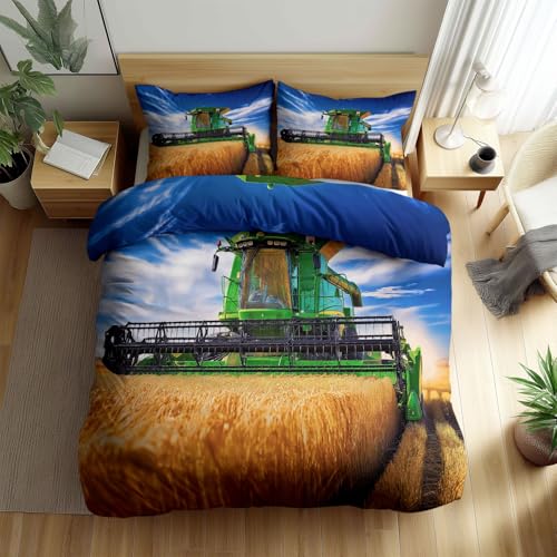 Bettwäsche Set 135 x 200 cm Landhausstil Weizenfelder Traktor Reversibler Bettbezug Sets, Blau Weich Atmungsaktiv Bettbezüge mit Reißverschluss und Kissenbezug 80 x 80 cm