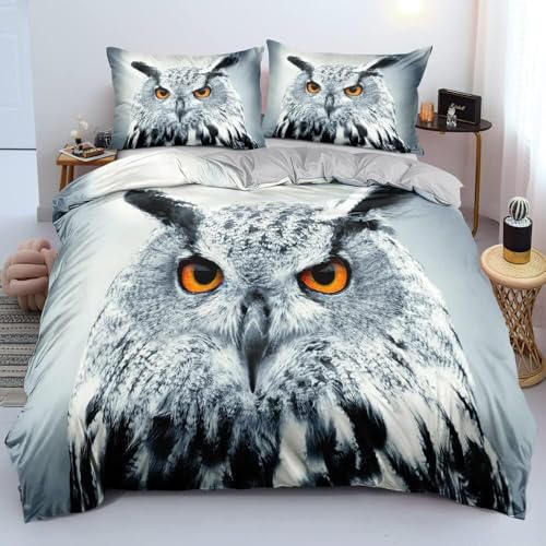 Luowei Tier Bettwäsche 135x200cm Kinder Jungen Eule Motiv Weiß Mikrofaser Bettbezug Set Weich 3D Effekt Bettwäsche 2teilig mit Reißverschluss und 80x80 cm Kissenbezug