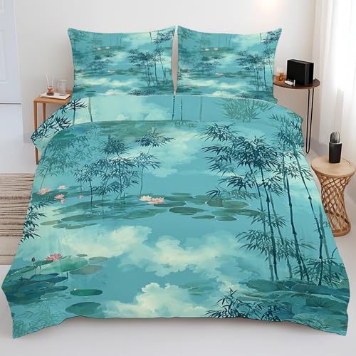 Japanische Chinesische Landschaft Bettwäsche, Türkis Bambus Lotus Microfaser Bettwäsche Set Bettbezug Reißverschluss Bettwaesche, Weich Wende Deckenbezug 200x200 3teilig & 2 Kissenbezügen 80x80 xe141