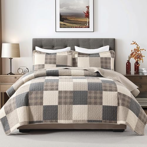 DUOHONG Bettwäsche-Set aus 100 % Baumwolle, wendbar, gesteppt, Patchwork, kariert, Queen-Size-Bettdecke, modern, Bauernhaus, leichte Bettwäsche für Queen-Bett, 3-teilig, Anthrazit/Beige/Braun