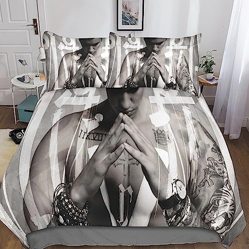 YINGD Justin-Bieber Bettwäsche-Set mit 3D-Bettbezug, Mikrofaser-Bettbezug und Kissenbezügen mit Reißverschluss, 3-teilig, für Einzel- oder Doppelbett, 220 x 240 cm