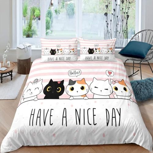 LMMSMGS Bettwäsche 200x200 Katze Bettwäsche-Sets– Weiches Mikrofaser-Set mit Bettbezug 200x200 + 2 Kissenbezüge 80x80 mit Reißverschluss Eckbinder für Mädchen Jungen