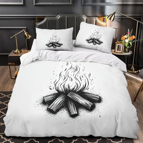 RJAVAGFZL Lagerfeuer-Skizze 3D-Bedruckt 3er-Set Bettbezug Schwarz-Weiß-Illustratio n Kuschelbezug Mikrofaser Hypoallergen Reißverschluss für Jungen Jugendliche Erwachsene Single (135x200cm)