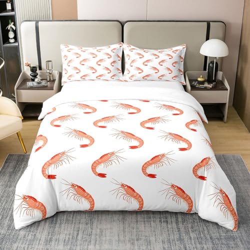 Homewish Garnelen 100% Baumwolle Bettwäsche Set 135x200 für Kinder Teenager Erwachsene,Ocean Shrimp Bettbezug,Seetiere Tröster Abdeckung,Rote Garnelen Bett Set mit 1 Kissenbezug für Schlafzimmer