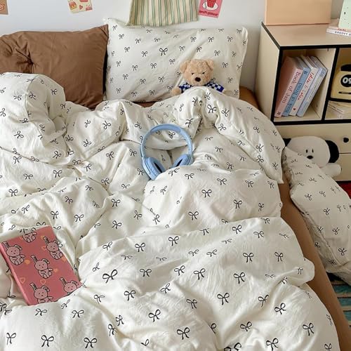 Covebett Bettwäsche 135x200 Mädchen Weiß mit Schwarz Schleifen Kinder Bettbezug 2teilig Aesthetic Kawaii Weich Renforcé Microfaser Einzelbett Deckenbezug Reißverschluss und Kissenbezug 80x80cm
