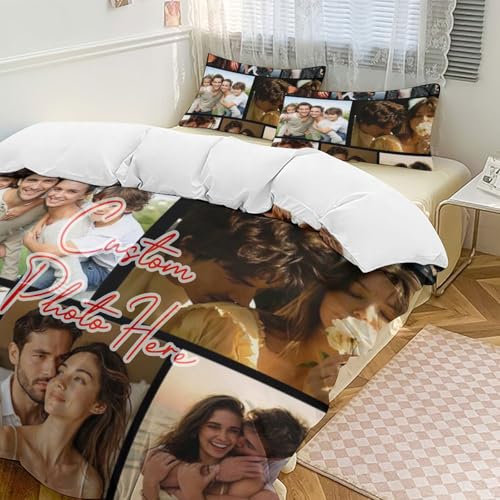 AuraWeave Personalisierte Bettwäsche, Bettbezug, Kissenbezüge mit Foto/Text/Logo, Verschiedene Größen, Fotobettwäsche für Kinder und Erwachsene, Familie, Freunde, Geburtstag, Valentinstag (5 Foto)
