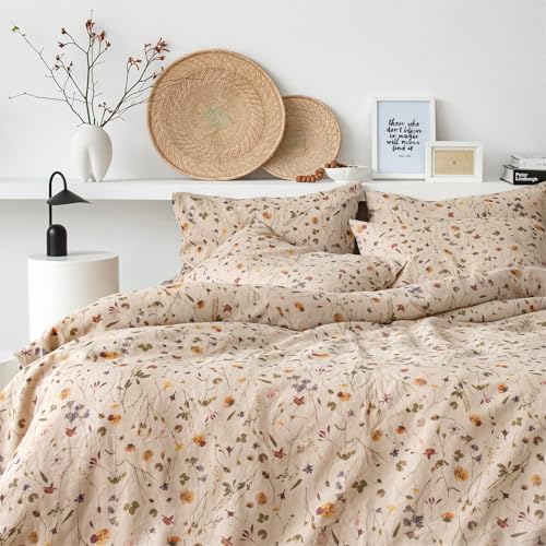 Freyamy Blumen Braun Bettwäsche 220x240 3tlg,Chic Botanisches Aesthetic,Gewaschener Mikrofaser Bettwäsche-Set, 1 Bettbezug mit Reißverschluss und 2 Kissenbezüge 80x80cm