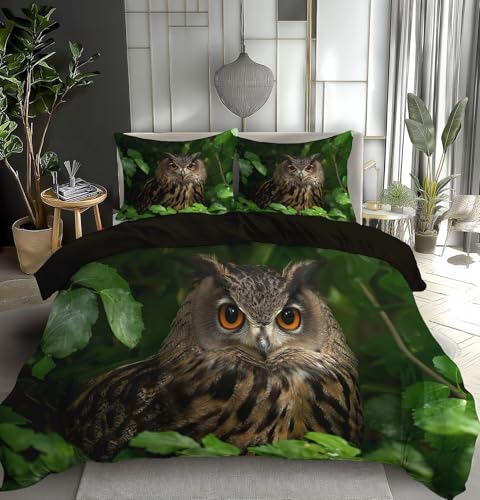 TDNEKMCA Bettwäsche 155x220cm 3 Teilig Eule Grüne Blätter Wendebettwäsche Weiche Mikrofaser Bettbezug mit Reißverschluss und Kissenbezug 80x80cm, Braun Grün