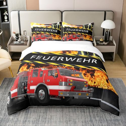 Loussiesd Feuerwehr Themen Bettwäsche-Set,Feuerwehr wagen Bettwäsche Set 155x220cm 100% Baumwolle Jungen Jugendliche Zimmer Dekorativ Fahrzeug-Auto-Bettbezug-S et,Coole Feuerwehrmänner Bettwäsche