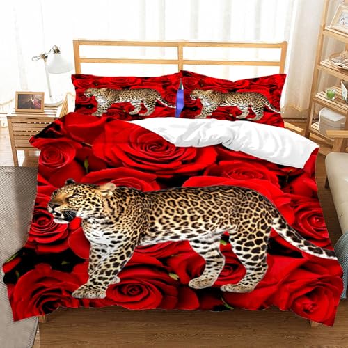Duosm Bettwäsche 135x200 Leopard Tier 3D, Weiche Atmungsaktiv Mikrofaser Bettzeug Set Rosenblüten Rot Bettwäsche-Sets, Bettbezug und 2 Kissenbezug 80x80 cm