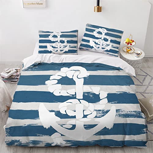 Anker Bettwäsche 135x200 2er Set, Maritime Gestreift Microfaser Bettbezug - Weich & Angenehm & Atmungsaktiv, 1 Bettbezüge mit Reißverschluss + 1 Kissenbezug 80x80 cm