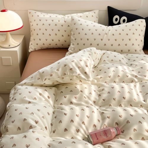 Nayoroom Bettwäsche 135x200 Herzen Beige Braun Herz Bettwäsche Set Microfaser 2teilig, Weich Kuschelig Mädchen Herzchen Bettbezug und 1 Kissenbezug 80x80 cm mit Reißverschluss
