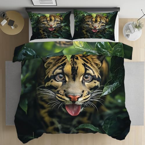 Leoparden Jungle Wildtier Deckenbezug 200x220 cm Tropische Tiermuster Pflanze Blatter Wendebettwäsche mit 2 Kissenbezüge 80x80 cm Mikrofaser Bügelfreie Bettwäsche mit Reißverschluss