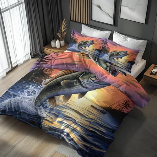 Generisch 135x200 Bettwäsche Fisch Bettbezug - 2tlg, 1 Kissenbezug 80x80, Angeln Jagen Muster, Schlafzimmer Deko, Weiche Mikrofaser Wendebettwäsche mit Reißverschluss - ZYC114