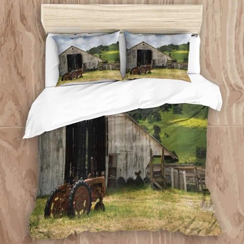 Scheune Bettwäsche 140x200 3D Bettwäsche-Sets Landhaus Bettbezüge Weiche Kuschelig Mikrofaser 3 Teilig Bettbezug mit Reißverschluss und 2 Kissenbezüge 80x80 cm A-3837