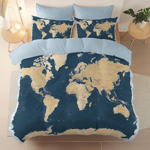 Bettbezug 3D Druck Vintage Meerwasserkarte Mit 2 Kissenbezug Bettwäsche Set,Mit Reißverschluss Hellblau Atmungsaktive Mikrofaser,3-teiliges Set Für Männer Frauen 240 x 220 cm