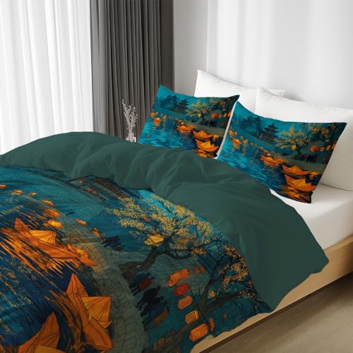 Blau Flauschige Zweiseitig Bettwäsche Set - Orientalisch Fantasy Papierboot Fluss - Bettwäsche Kuschlig Weich Farbbeständig Bügelfrei Microfaser Bettbezug 200 x 200 mit Reißverschluss