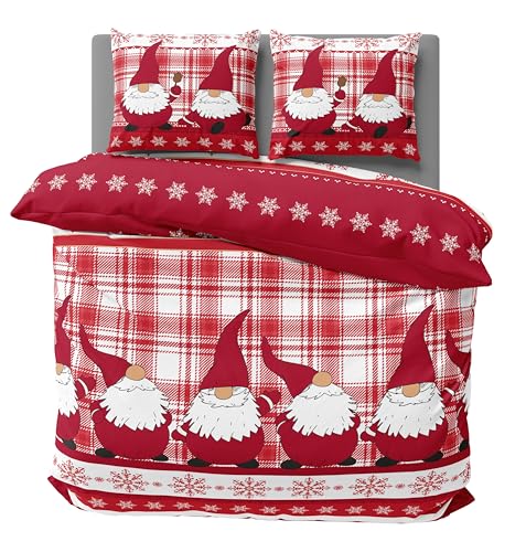 one-home Bettwäsche 200x200 cm Wichtel Weihnachten rot Biber Winter Flanell Baumwolle