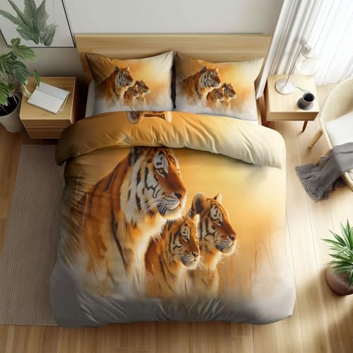 Generisch Tier Tiger Junges Bettwäsche 155 x 200 cm Cartoon Realismus Muster Bettbezug Set, Weich Angenehme Kinderbettwäsche - Atmungsaktiv Wendebettwäsche mit Reißverschluss und Kissenbezug