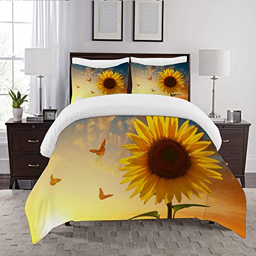 not Bettbezug Bettwäsche,bl� �hende Sonnenblume mit Schmetterlingen bei Sonnenuntergang,Mikrofase r 1 Bettdecke Bettlaken 240×260CM und 2 Kissenbezüge 50×80CM
