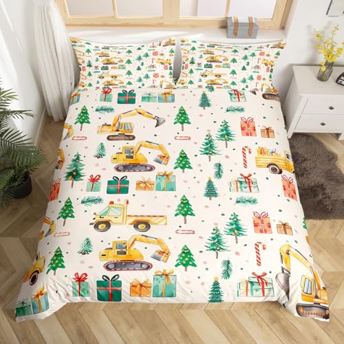 Homemissing Weihnachten Bagger Betten Weihnachten Baufahrzeuge Bettbezug für Kinder Jungen Zimmer Dekor Weihnachtsbaum Bettwäsche Set 135x200cm Urlaub atmungsaktive weiche Mikrofaser