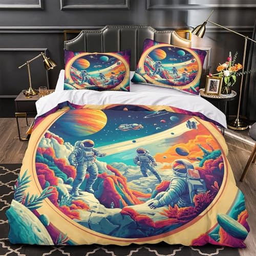 WTORIMPEL Astronauten auf fremdem Planeten 3D Bedruckt Bettdeckenbezug 3teilig Mikrofaser pflegeleicht Science-Fiction-Weltrauma benteuer Bettbezug 2 Kissenbezüge farbbeständig Erwachsene Familie