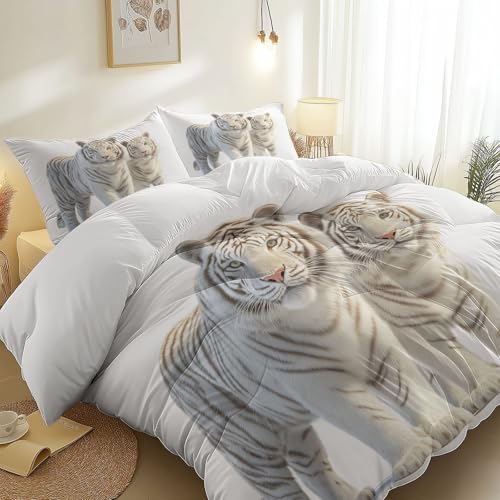 Bettwäsche Tiere Weißer Tiger Weiche Mikrofaser Atmungsaktiv Weiß Wendebettwäsche Bettbezug Mit Reißverschluss + 2 Kissenbezug 80X80 cm 135 cm X 200 cm