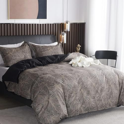 Michorinee Bettwäsche Schwarz Braun 135x200 Tropisch Blätter Muster Bettbezug and Kissenbezug 80x80 cm Microfaser Palmenblätter Vintage Wendebettwäsche Set mit Reißverschluss