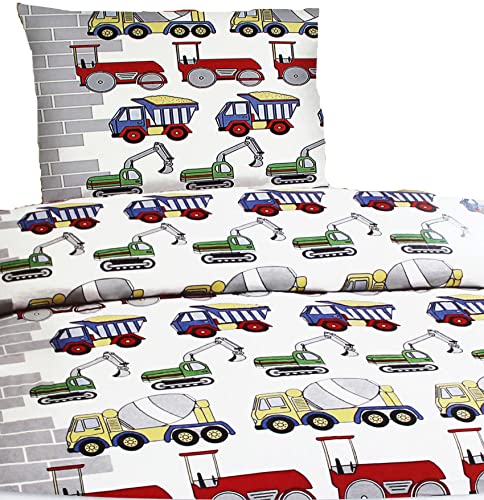 Jugend Motiv Bettwäsche 135 x 200 + 80x80 cm, Baustellen Fahrzeuge,100% Baumwolle (KH-P)