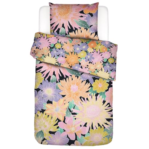 ESSENZA Bettwäsche Flower Fling Black Blumen Blüten Schwarz Dahlien Bunt Wendesign Baumwolle Perkal, Größe:135 cm x 200 cm