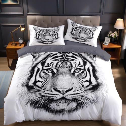 Bettwäsche Set 180x200 cm Schwarz bemalter Tiger Bettbezug Mikrofaser weich atmungsaktiv Bettwäsche-Sets mit 2 Kissenbezügen für Schlafzimmer Kinder Jugendliche