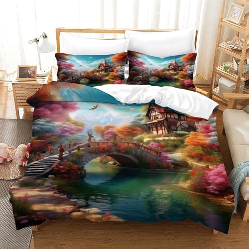 Bettwäsche-Set Pastorales Dorf, 3D Traumhafte Märchenlandschaft Druck Motiv Bettdecken Set, 3teiliges Set Weich Mikrofaser Mit Kissenbezug Und Reißverschluss Für Schlafzimmer Dekor Single?140x200cm?