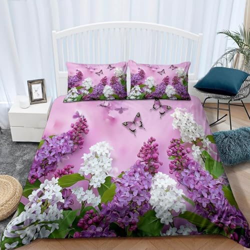 Bettwäsche 155x220 Flieder und Schmetterling Weiche Mikrofaser Bettwäsche Set 3D-Druck Bettbezug Pflanzen 3 Teiliger Bettbezüge mit Reißverschluss und 2 Kissenbezüge b.1313