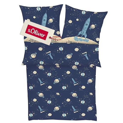 s.Oliver Kinderbettwäsche Universum 135x200 cm - 100% Baumwolle, praktischer Reißverschluss & maschinenwaschbar, Bettwäsche für Kinder Astronaut & Rakete 2tlg. blau