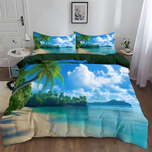 Bettwäsche-Set 155x220 cm Tropische Strand, Deluxe Weiche Microfaser Palmen Paradies Motiv Bettbezug Set für Jungen Mädchen - Türkis-Blau Bettwäsche mit Reißverschluss und 2 Kissenbezüge 80x80cm