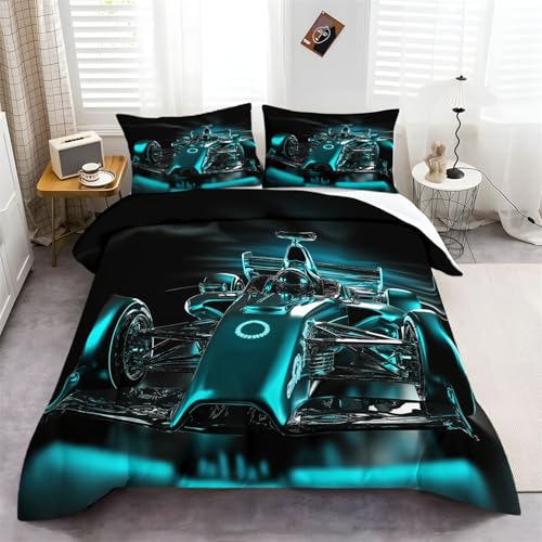 Bettbezug Druck Moderner Rennsport Design, Bettwäsche Türkis aus Warme Weich Mikrofaser mit Reißverschluss, bedruckter Winter Bettbezug 135 x 200 cm mit 2 Kissenbezügen