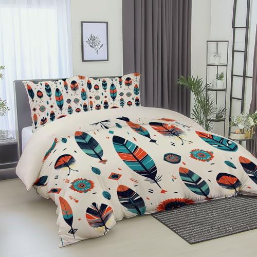 Bettwäsche 200 x 200 cm Wendebettwäsche Set Microfaser Bohemian-Stil, Federn, Pfeile Microfaser Bettbezug und Kissenbezug 80x80 cm mit Reissverschluss Weiß
