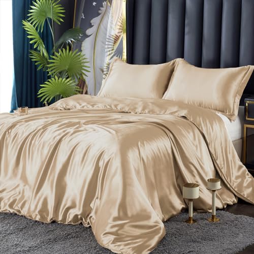 Bettwäsche Satin 135x200 Gold Beige Seide Glänzend Einfarbig Bettwäsche Bettbezug Set Glatt Luxus Glanzsatin Microfaser Bettwäscheset Set Einzelbett mit Reissverschluss und Kissenbezug 80x80 cm